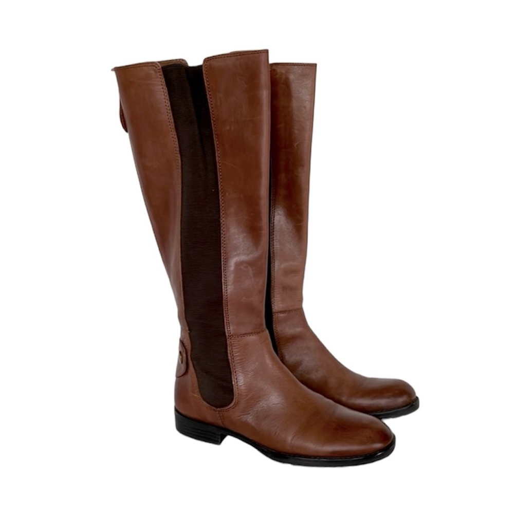 Franco Sarto Tahini Brown Leather Tall Zippered Boot with Button Detail Sz 8.5